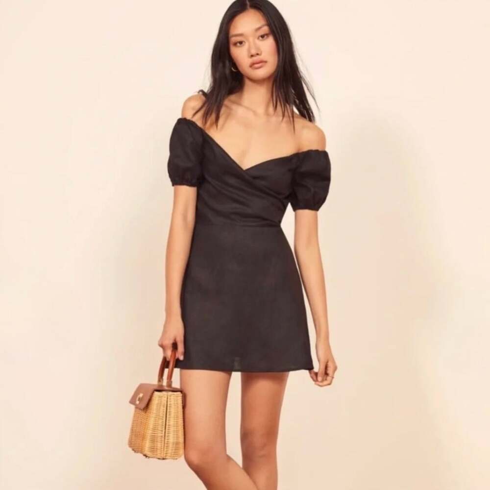 Reformation Bowie Linen Puff Sleeve Dress - Black - Romantic - Size 4